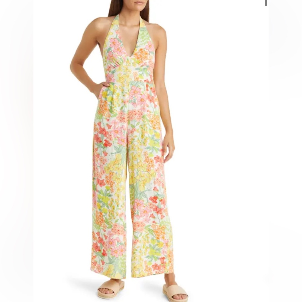Nobody’s Child Floral Halter Wide Leg Jumpsuit - Linen Blend - Size 8